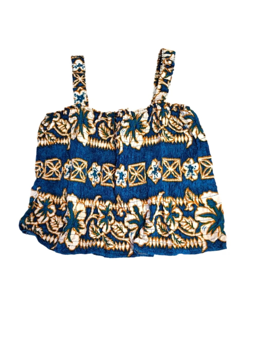 VTG Blue Gold Hawaiian Two Piece Top & Wrap Skirt‎ Cover Up Swim Set *One Size